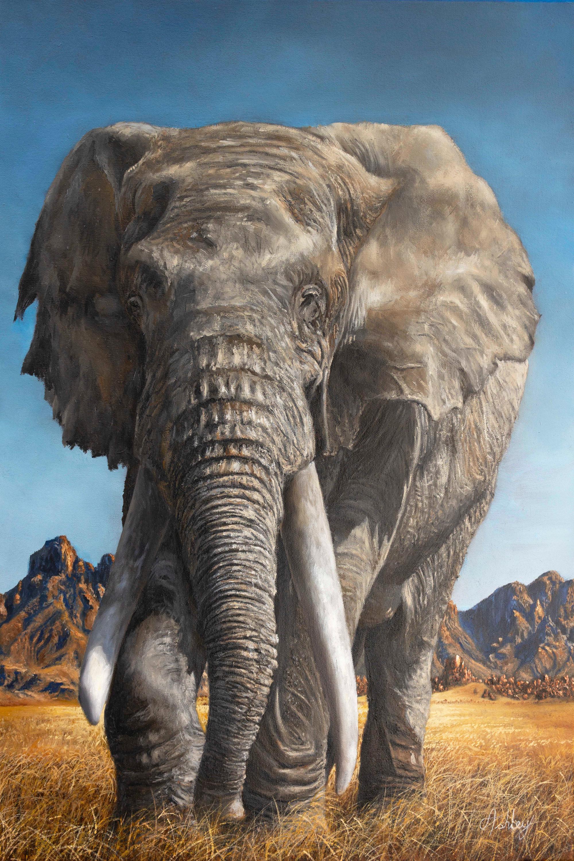Ashley Davies Animal Painting - African Elephant-original realism wildlife oil painting-contemporary Art