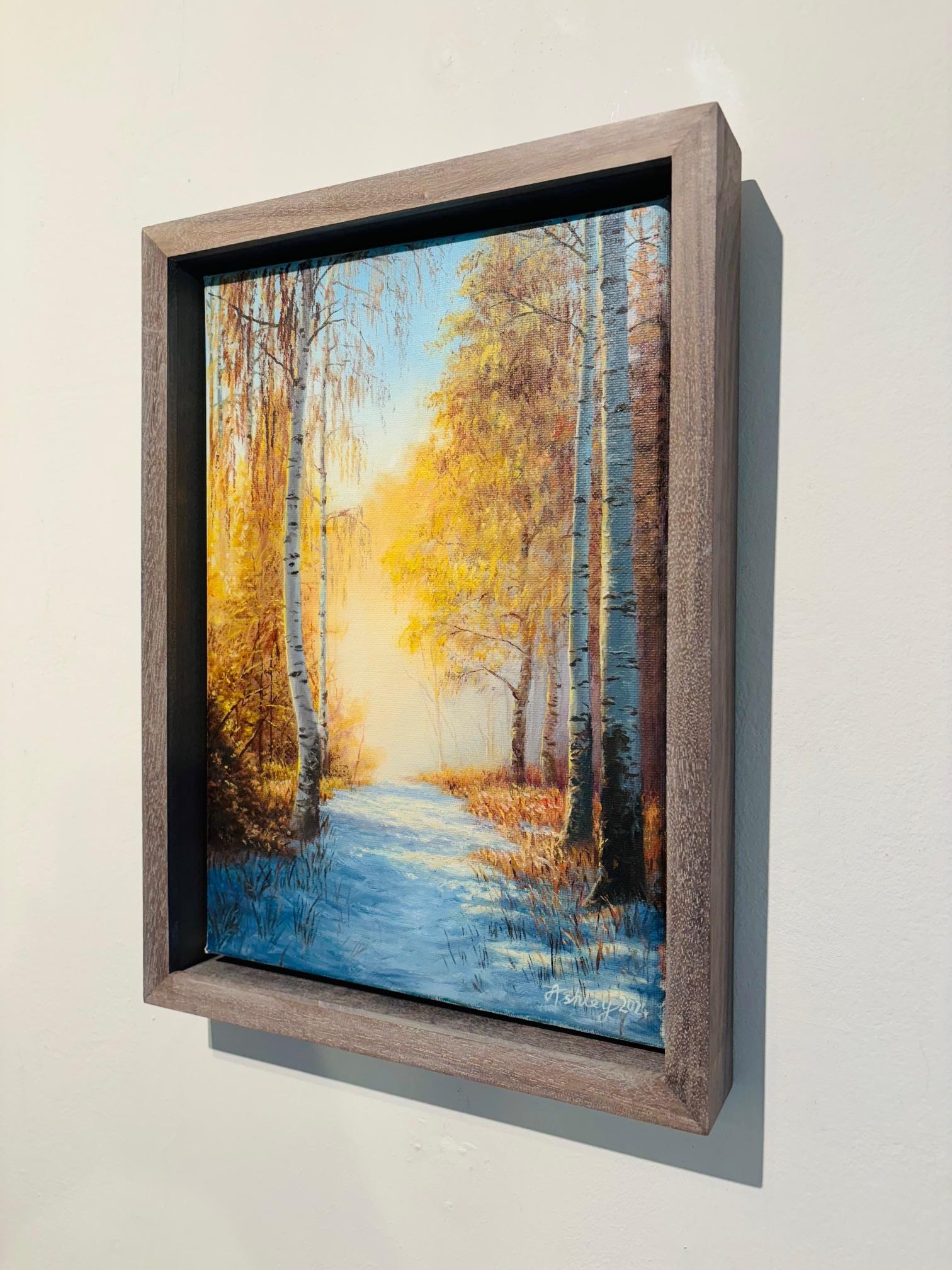 Cette œuvre d'art exceptionnelle est actuellement exposée et disponible à la vente à la Signet Contemporary Art Gallery et en ligne.

Golden Silver d'Ashley Davies est un paysage captivant de réalisme contemporain qui capture la beauté tranquille