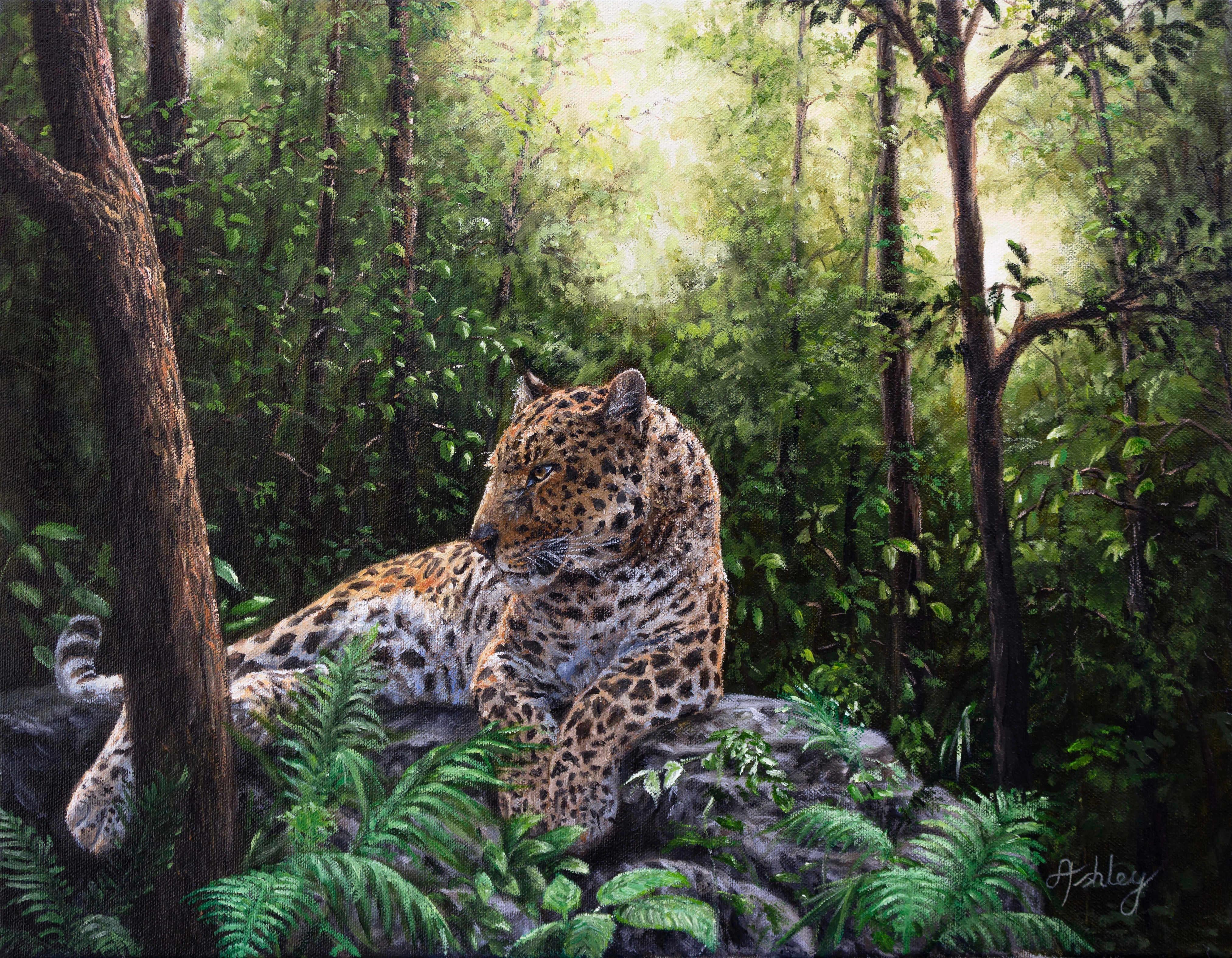 Ashley Davies Animal Painting - Leopard in the Jungle-original realism wildlife oil painting-contemporary Art