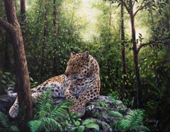 Leopard in the Jungle-original realism wildlife oil painting-contemporary Art