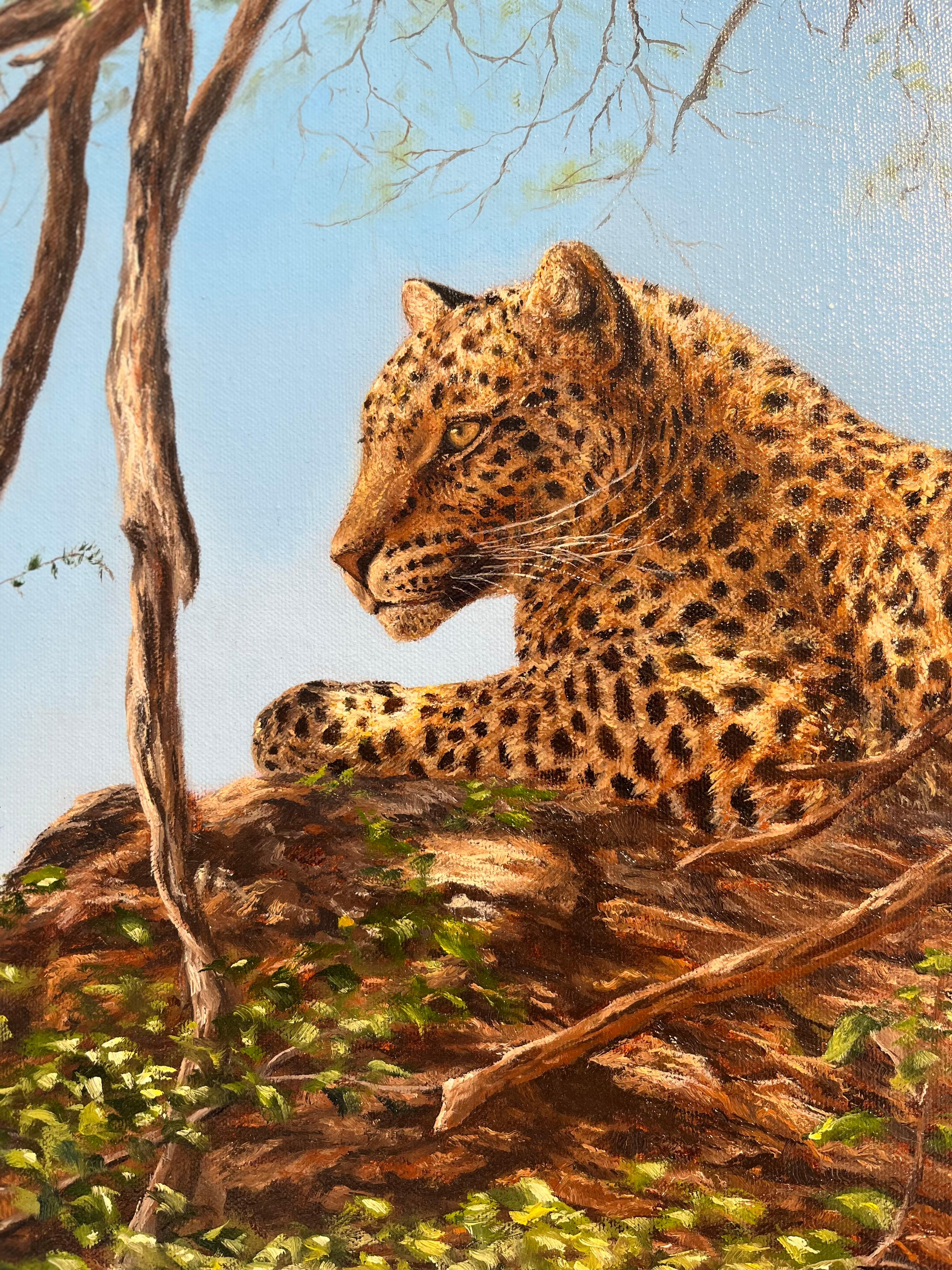Treetop Lookout-original realism wildlife-leopard oil painting-contemporary Art For Sale 1