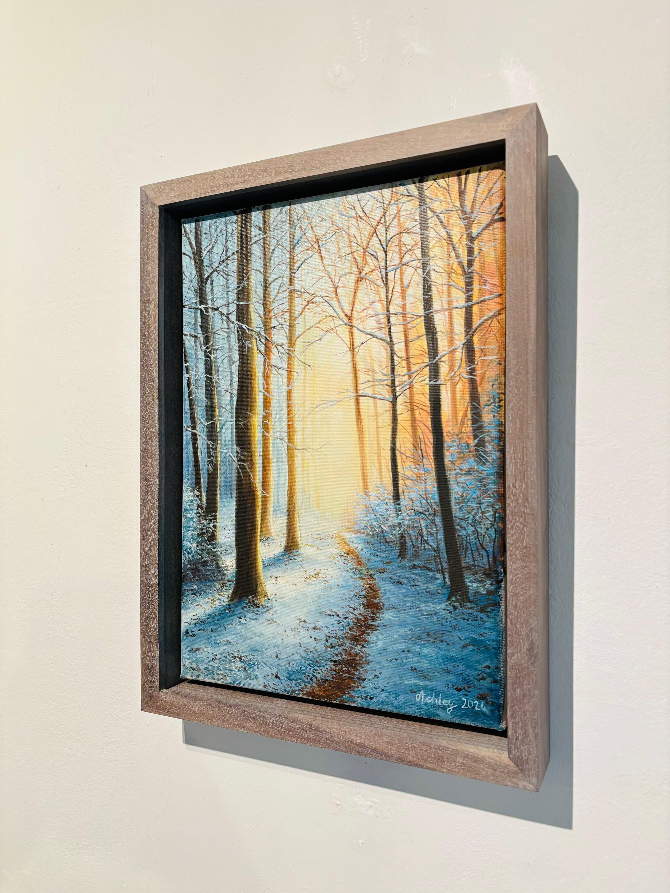 A Winter Trail - peinture à l'huile de paysage réaliste - œuvre d'art contemporain - Gris Landscape Painting par Ashley Davies