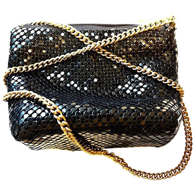 Ashley Moore Black Enameled Metal Mesh Evening Bag with Gold Chain For Sale