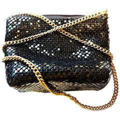 Retro Ashley Moore Black Enameled Metal Mesh Evening Bag with Gold Chain