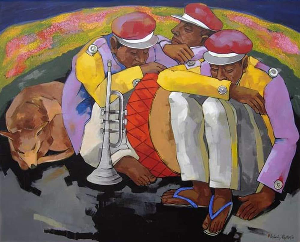 Ashoke Mullick Figurative Painting - Bandwala, Drowsy, Acrylic on Canvas, Red, Pink by Contemporary Artist "In Stock"