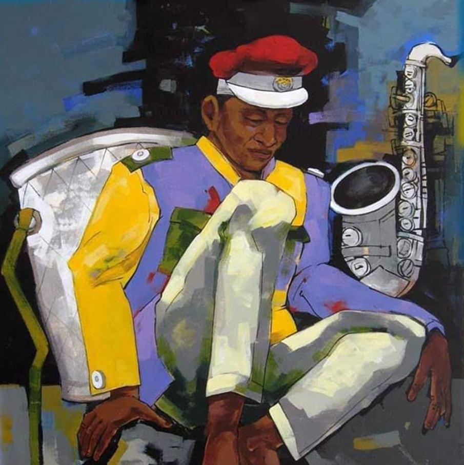 Bandwala, Drowsy, Acrylic on Canvas, Red, Yellow, Contemporary Artist 