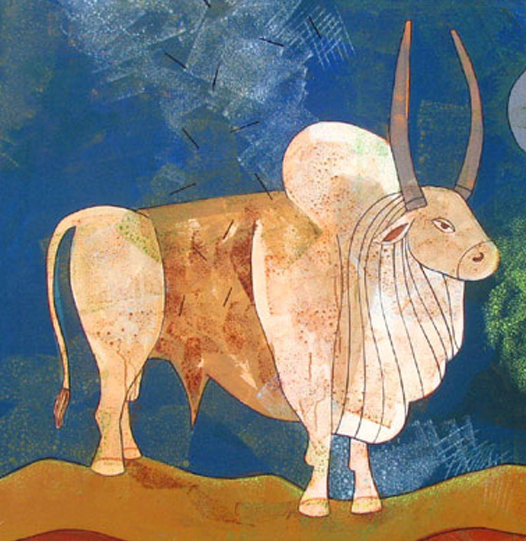 Bull, Moonlight, Blue Sky, Acrylic, White, Brown, Green, Indian Artist