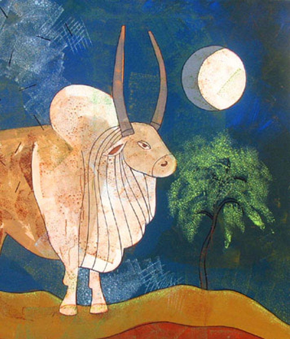 Bull, Moonlight, Blue Sky, Acrylic, White, Brown, Green, Indian Artist