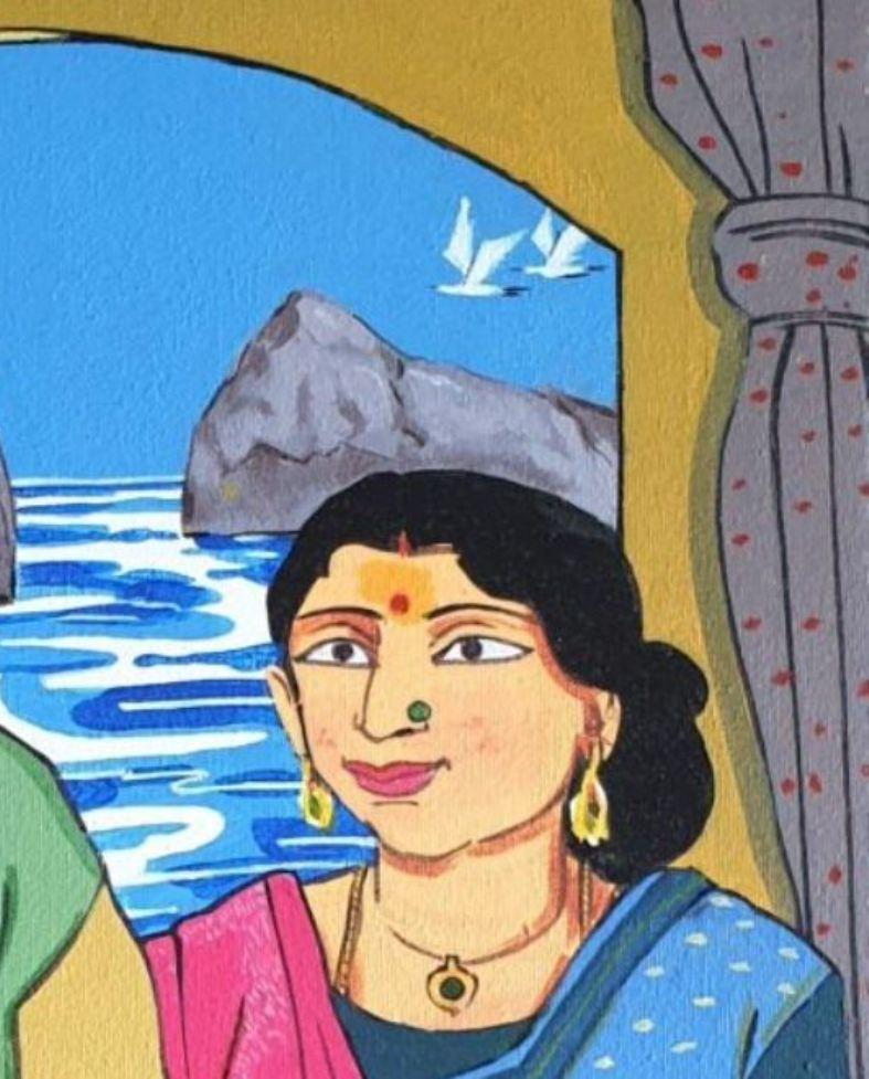 Couple, Bengali, Acrylique sur Toile, Rouge, Bleu, Vert, Artiste indien