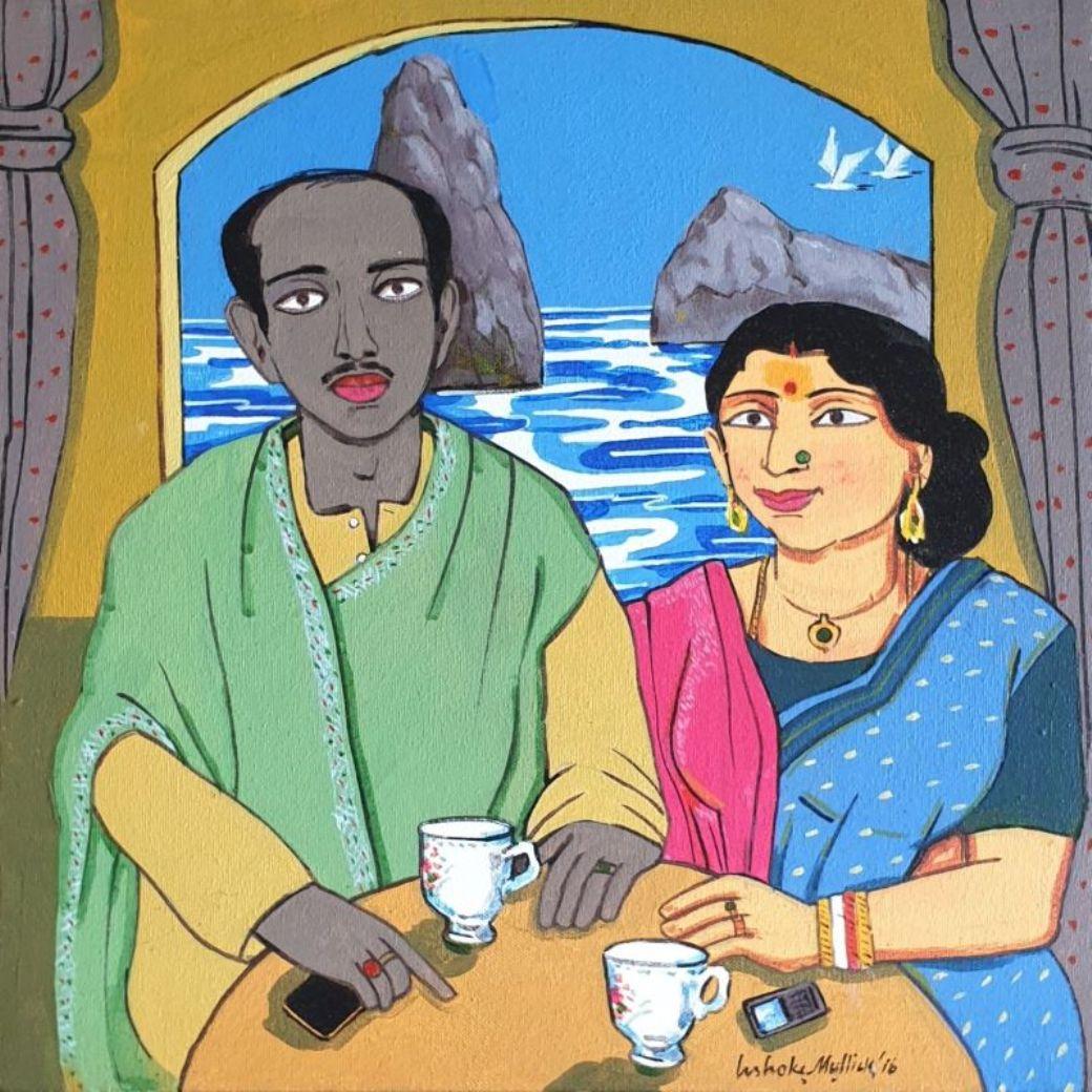 Figurative Painting Ashoke Mullick - Couple, Bengali, Acrylique sur Toile, Rouge, Bleu, Vert, Artiste indien""En Stock""