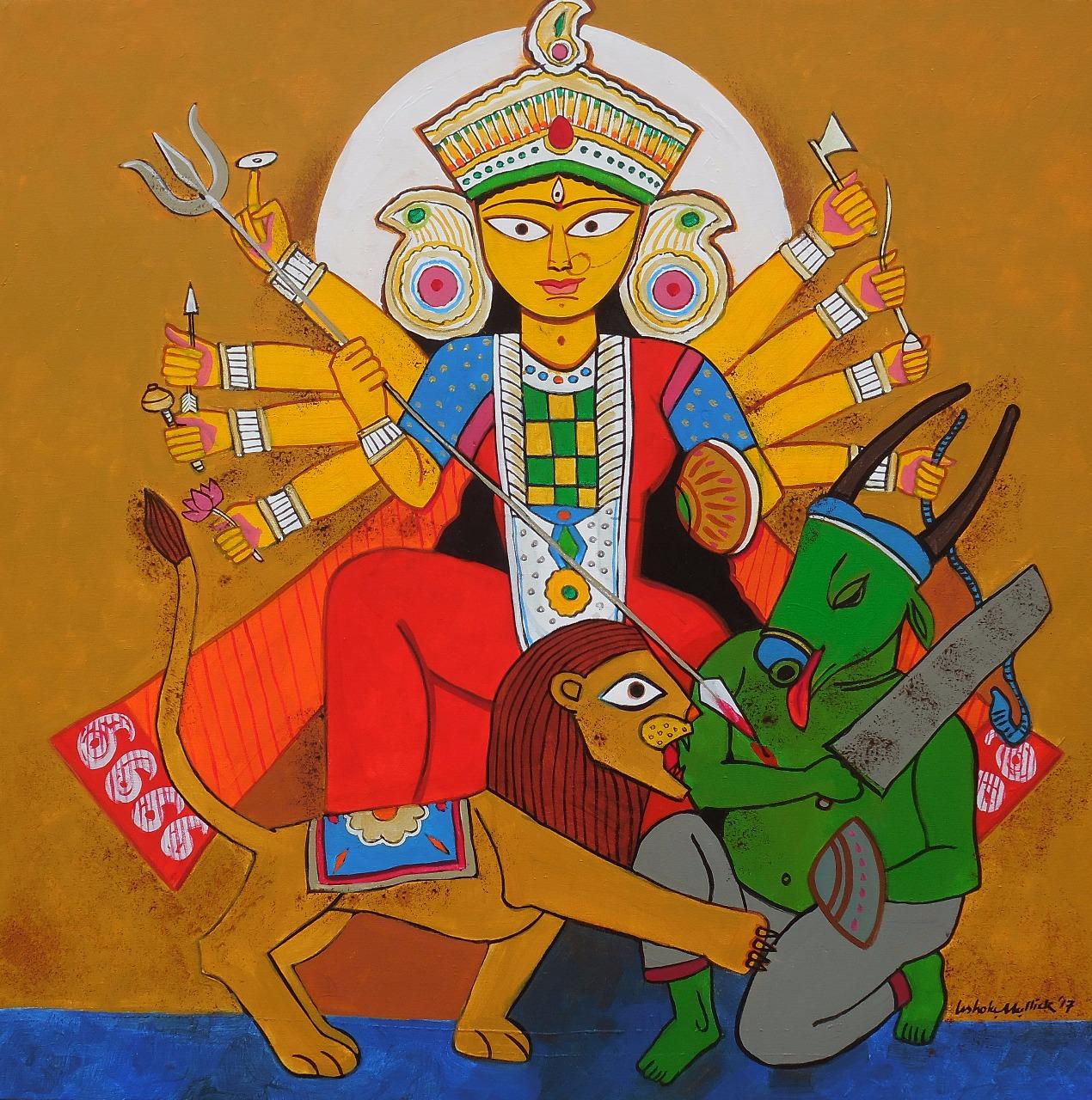 Durga Goddess of Hindu, Acrylic on Canvas, Red,Yellow by Indian Artist"In Stock"