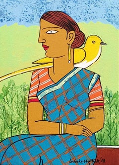 Indian Woman with Yellow Bird, Acrylic on Canvas, Green, Blue, Red "In Stock"
