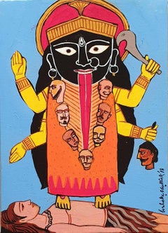 Kali, Goddess of Hindu, Acrylic on Canvas, Red,Yellow by Indian Artist"In Stock"