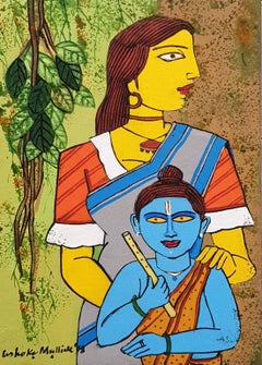 Krishna with his Mother, Acrylic on Canvas, Blue, Red, Yellow, Green "In Stock"
