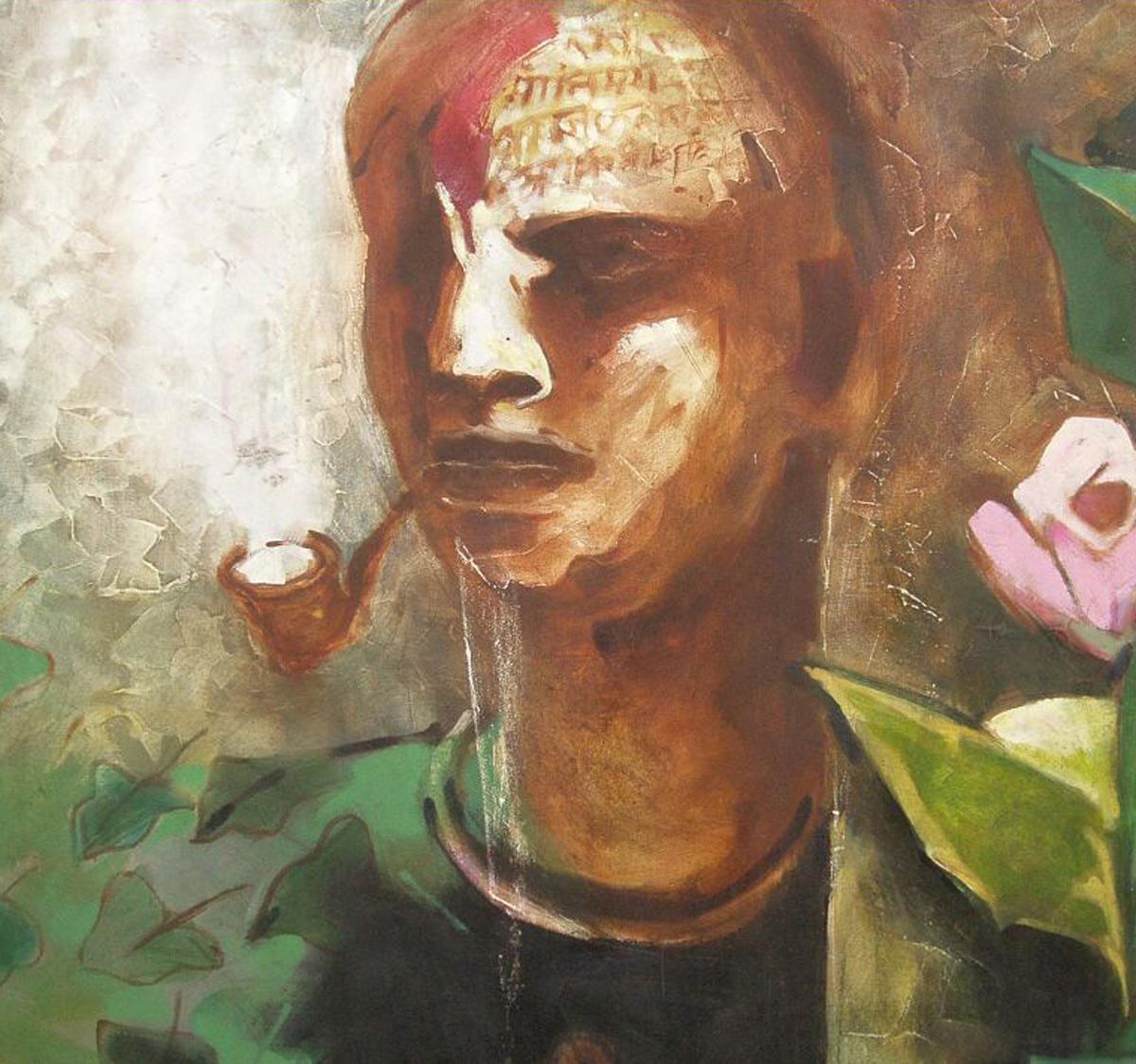 Man smoking cigar, figurative, acrylic in green, pink, brown by Indian Artist - Painting by Ashoke Mullick