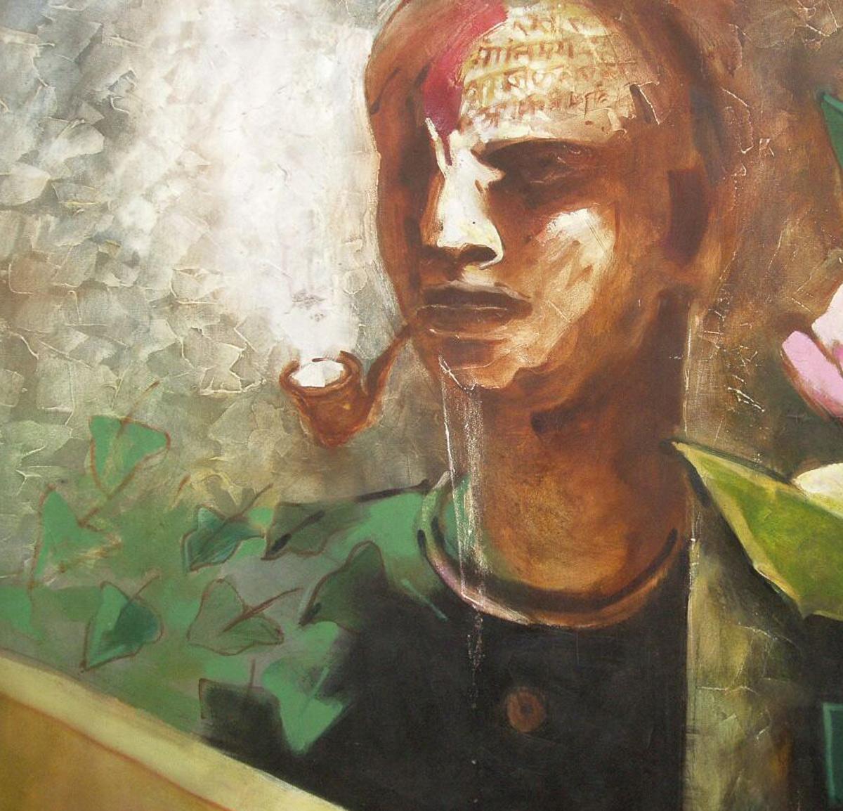 Man smoking cigar, figurative, acrylic in green, pink, brown by Indian Artist - Contemporary Painting by Ashoke Mullick