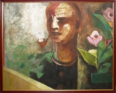 Man smoking cigar, figurative, acrylic in green, pink, brown by Indian Artist