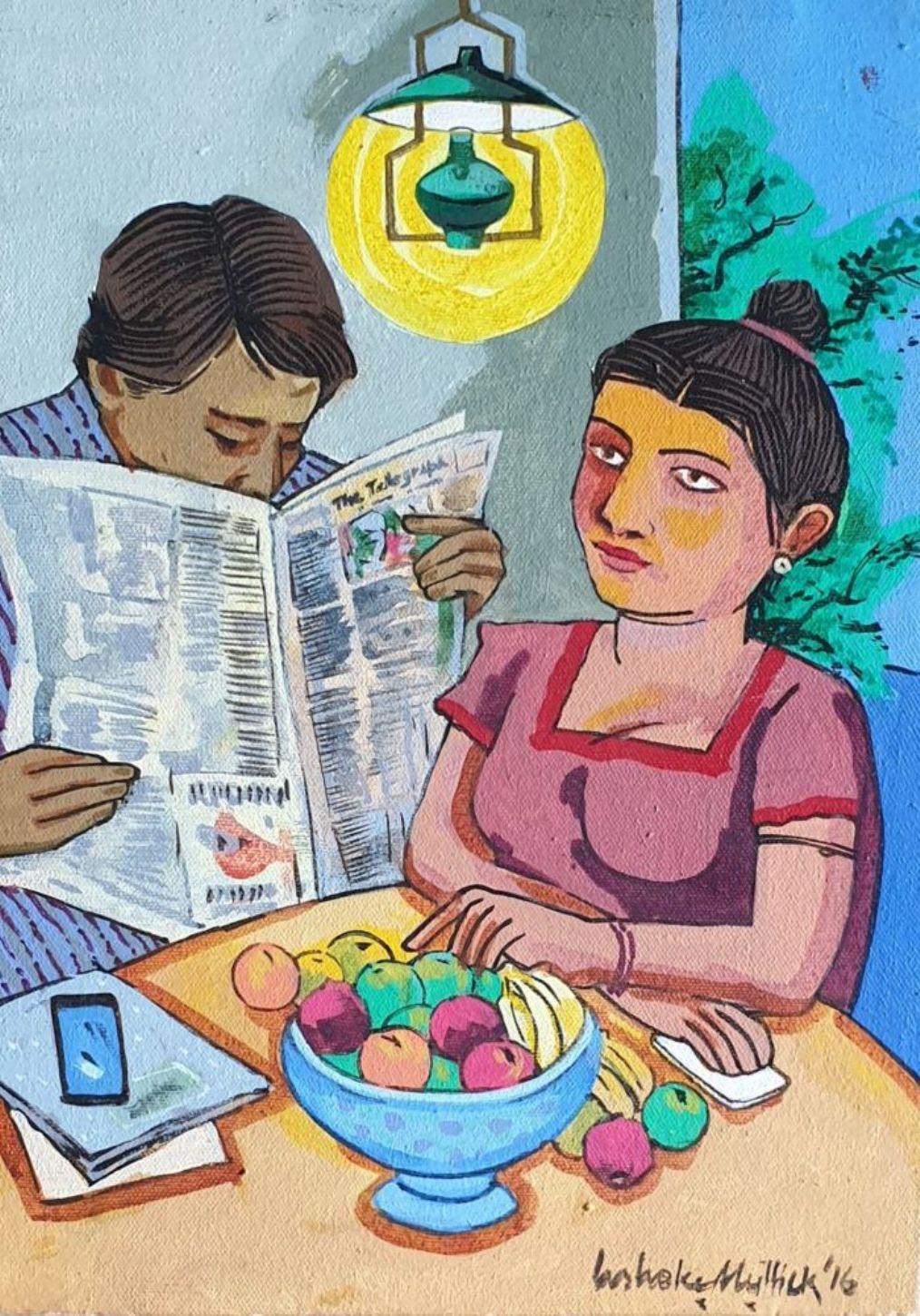 Morning Newspaper & Girl Eating Acrylic Canvas by Indian Artist 