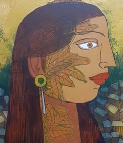 Pigeon seated on Head of Woman, Acrylic on Canvas, Green, Indian Artist"In Stock"