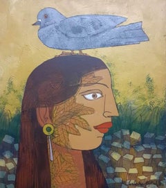 Pigeon assis sur la tête de femme, acrylique sur toile, vert, artiste indienne en stock