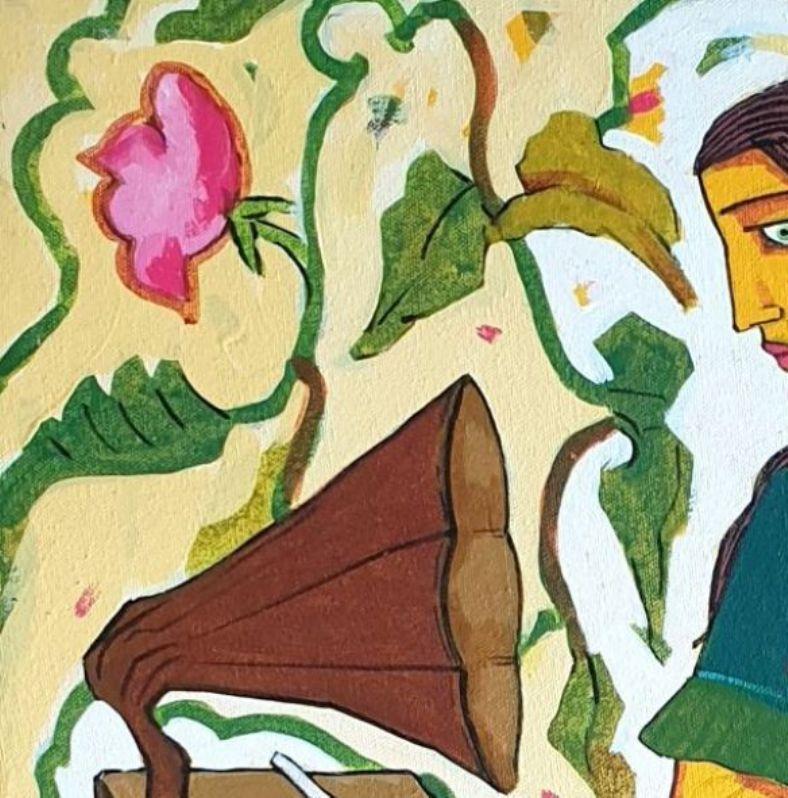 The Gramophone, Green Pink Color, Acrylic on  Canvas by Indian Artist 