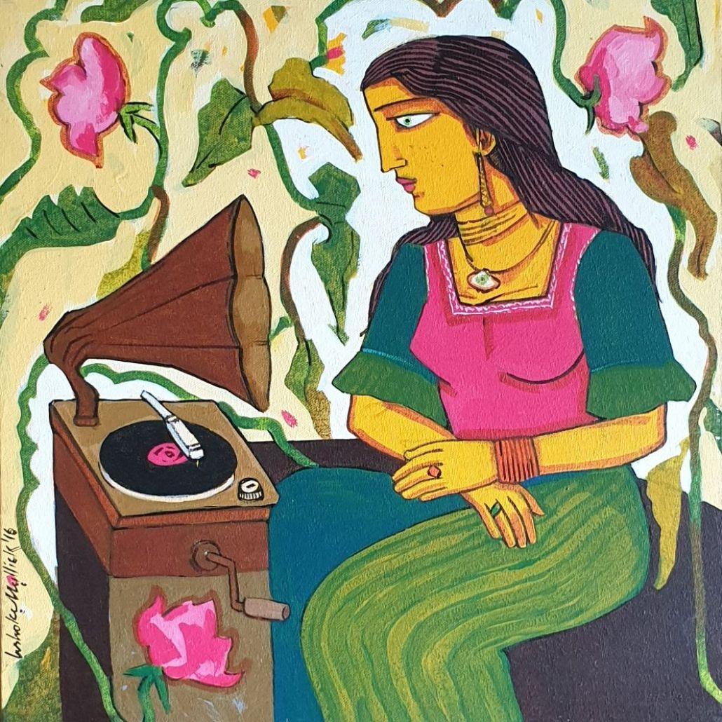 Ashoke Mullick Portrait Painting - The Gramophone, Green Pink Color, Acrylic on  Canvas by Indian Artist "In Stock"