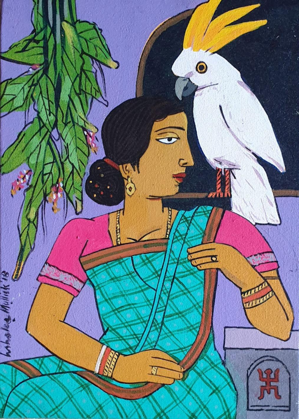 Woman, Bird, Acrylic on Canvas Contemporary Artist 