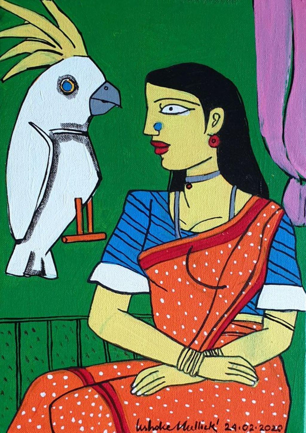 Woman, Bird, Acrylic on Canvas Contemporary Artist 