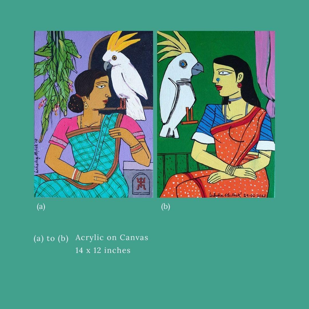 Ashoke Mullick Figurative Painting - Woman, Bird, Acrylic on Canvas Contemporary Artist "In Stock"