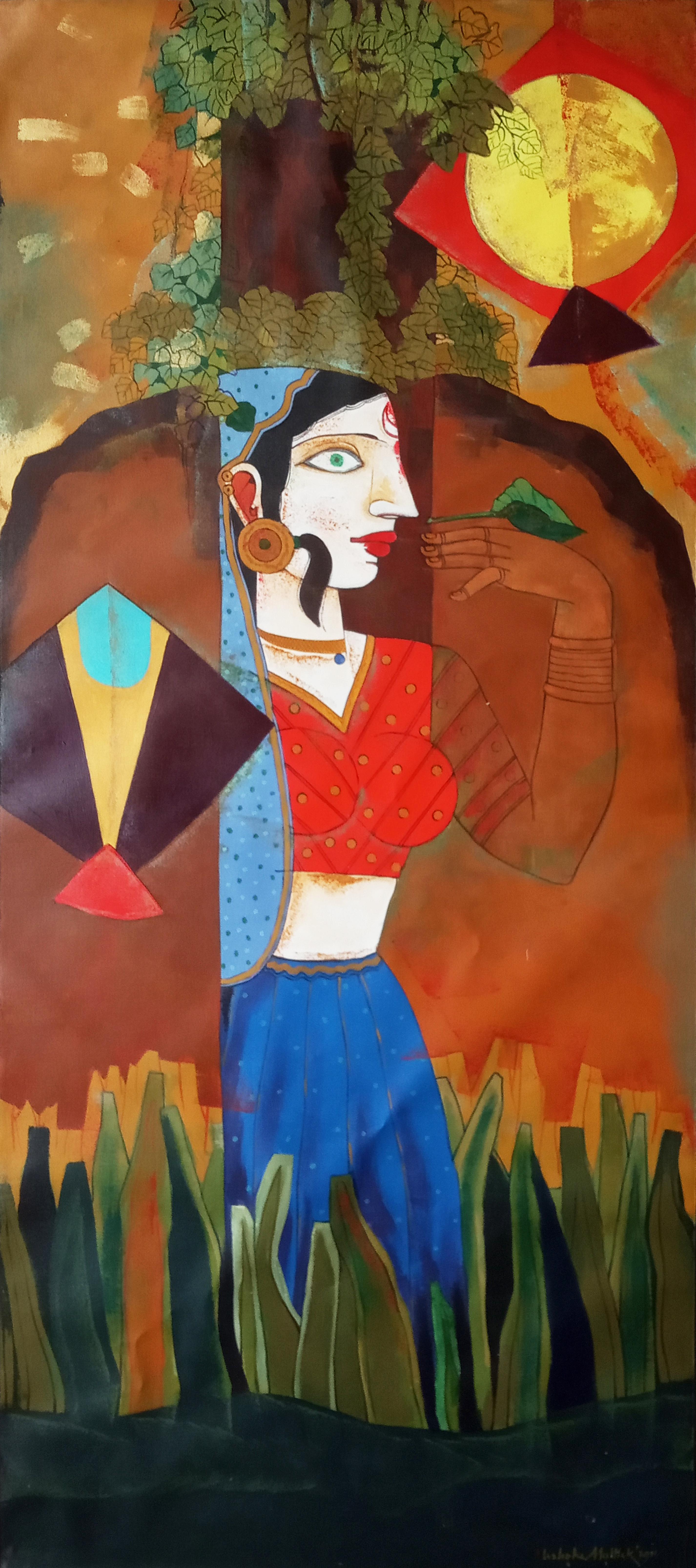 Ashoke Mullick Portrait Painting - Woman flying Kites, Acrylic on Canvas, Red, Blue, Green, Brown "In Stock"