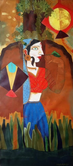 Woman flying Kites, Acrylic on Canvas, Red, Blue, Green, Brown "In Stock"