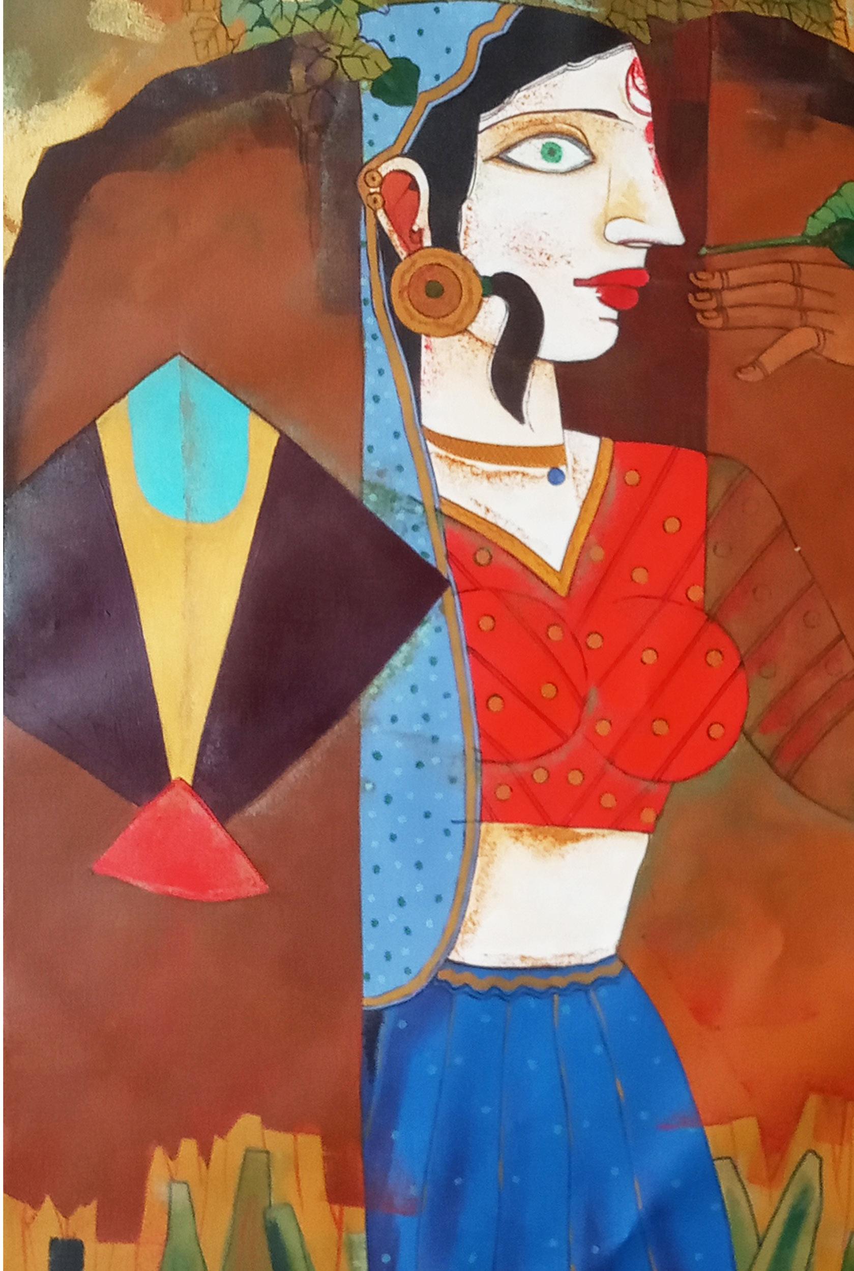Woman flying Kites, Acrylic on Canvas, Red, Blue, Green, Brown 