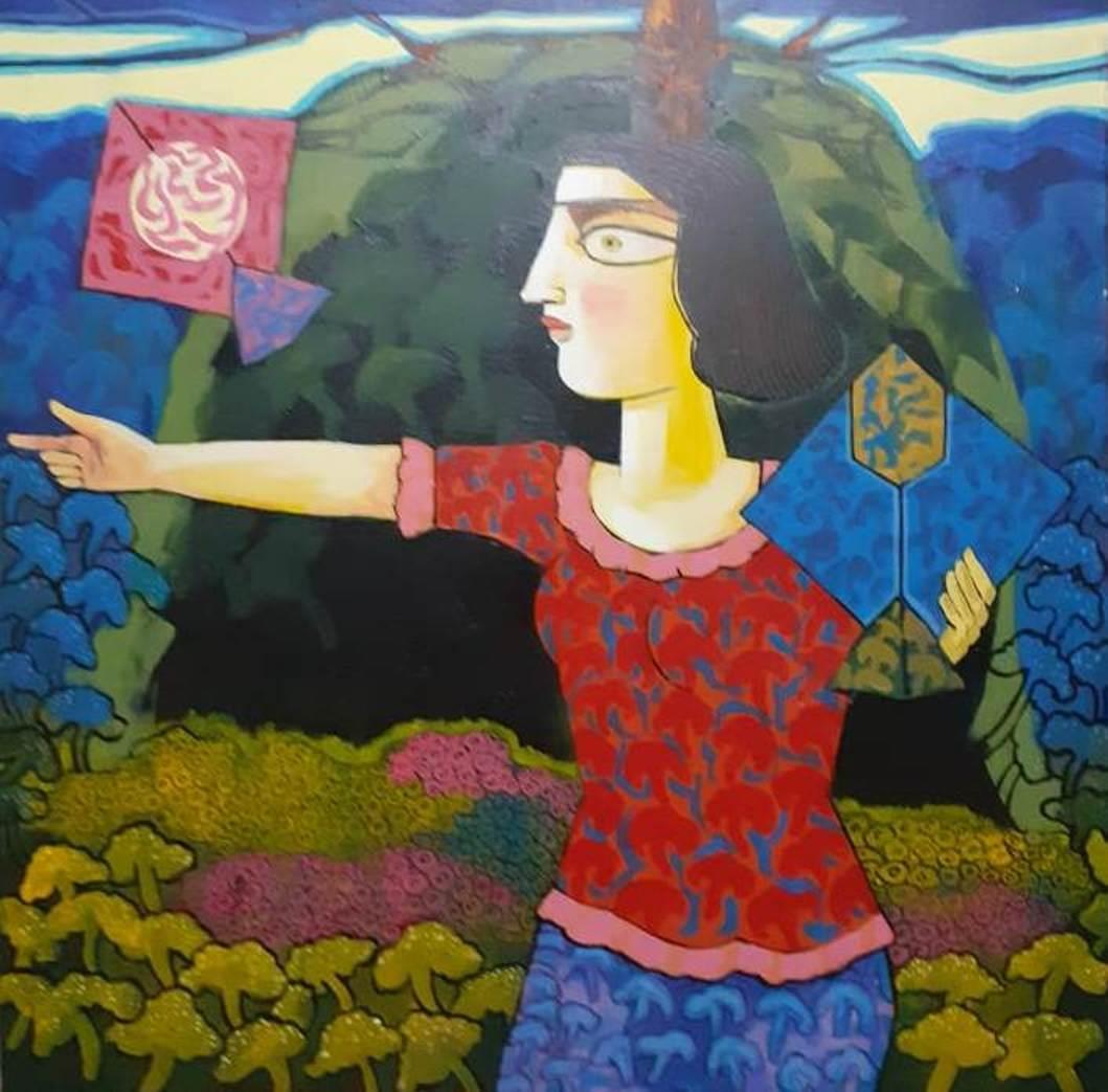 Figurative Painting Ashoke Mullick - Femme volante Kites, acrylique sur toile, rouge, bleu, vert, artiste indienne « en stock »