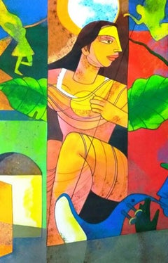 Woman on the Window, under the Moon, Angels Hovering, Red, Green color"In Stock"