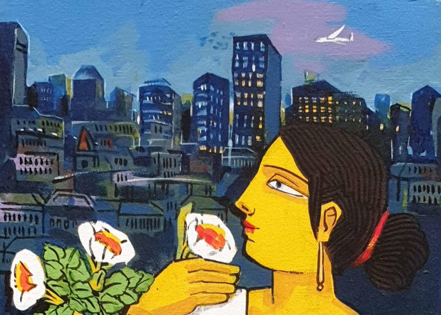 Charulata with Cityscape, Acrylic on Canvas, Red, Yellow, Blue 