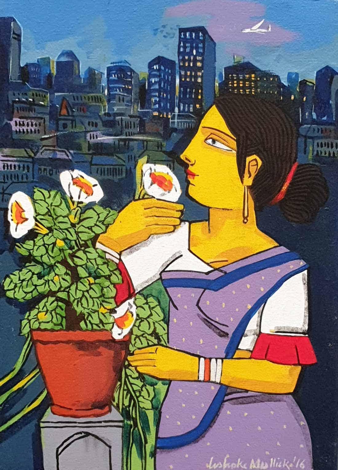 Ashoke Mullick Figurative Painting - Charulata with Cityscape, Acrylic on Canvas, Red, Yellow, Blue "In Stock"