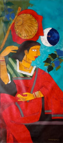 Woman taking Rest, Acrylic on Canvas, Red, Blue, Green, Indian Artist "In Stock"