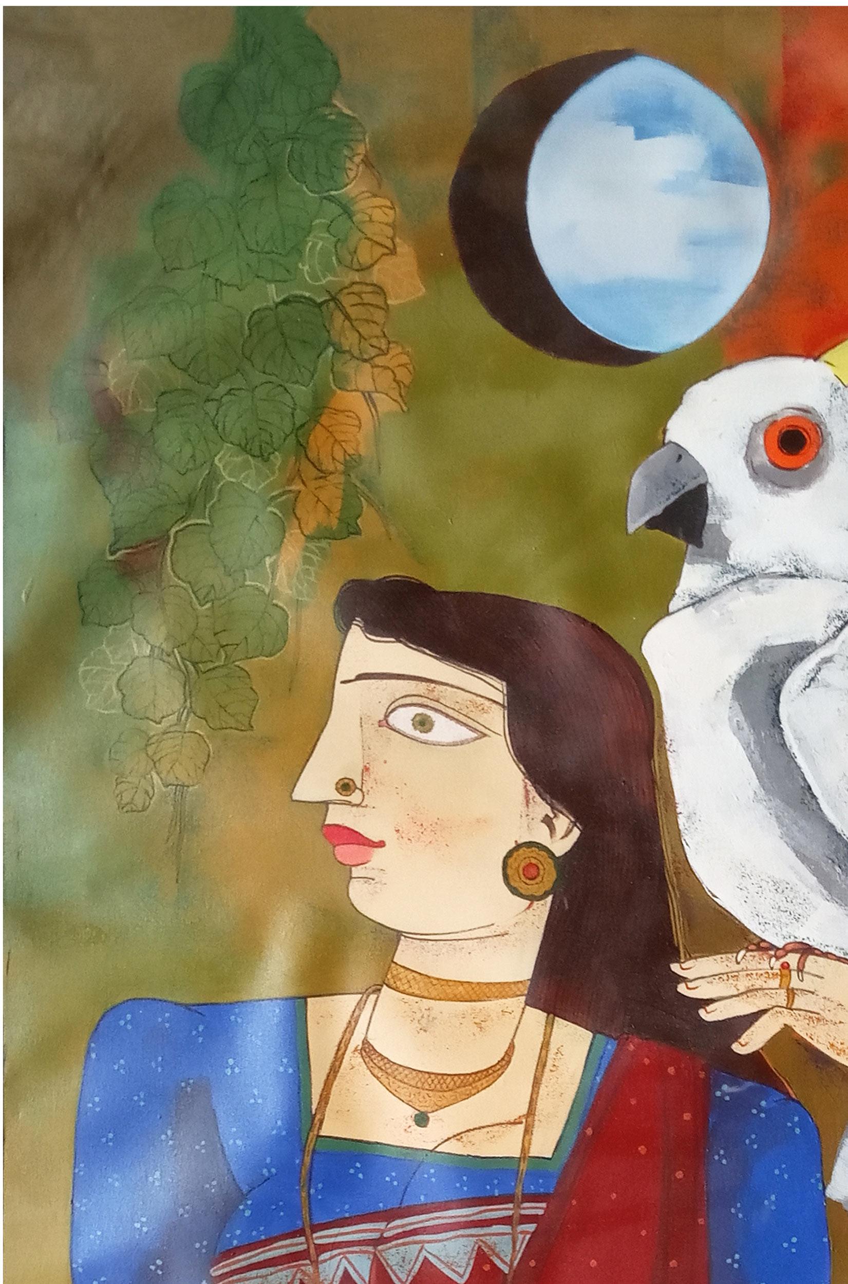 Woman with Bird, Acrylic on Canvas, Red, Blue, Brown by Indian Artist 