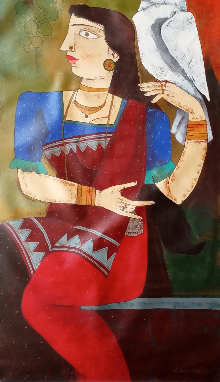 Ashoke Mullick - Woman with Bird, Acrylic on Canvas, Red, Blue, Brown by  Indian Artist "In Stock" For Sale at 1stDibs