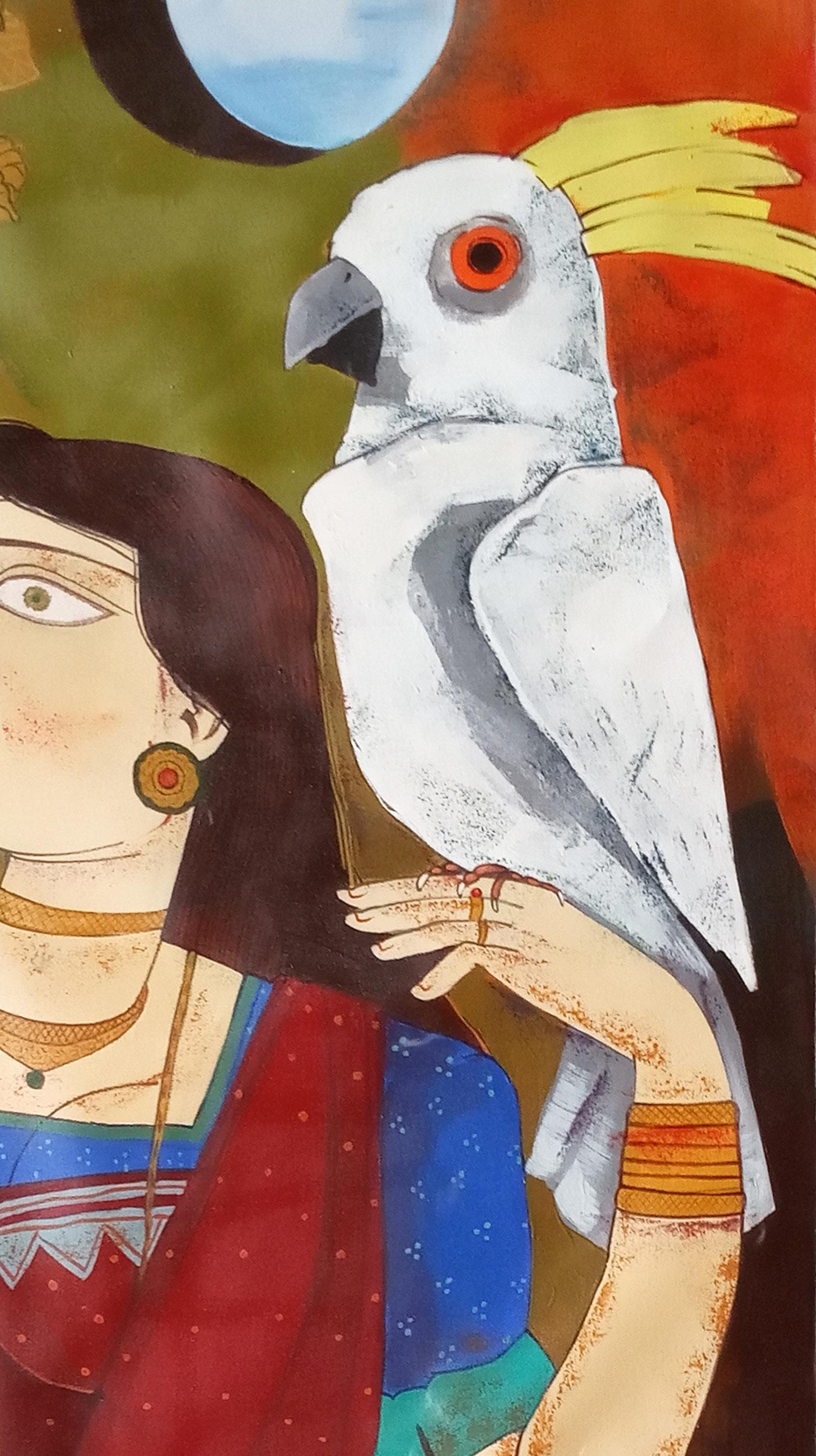 Woman with Bird, Acrylic on Canvas, Red, Blue, Brown by Indian Artist 