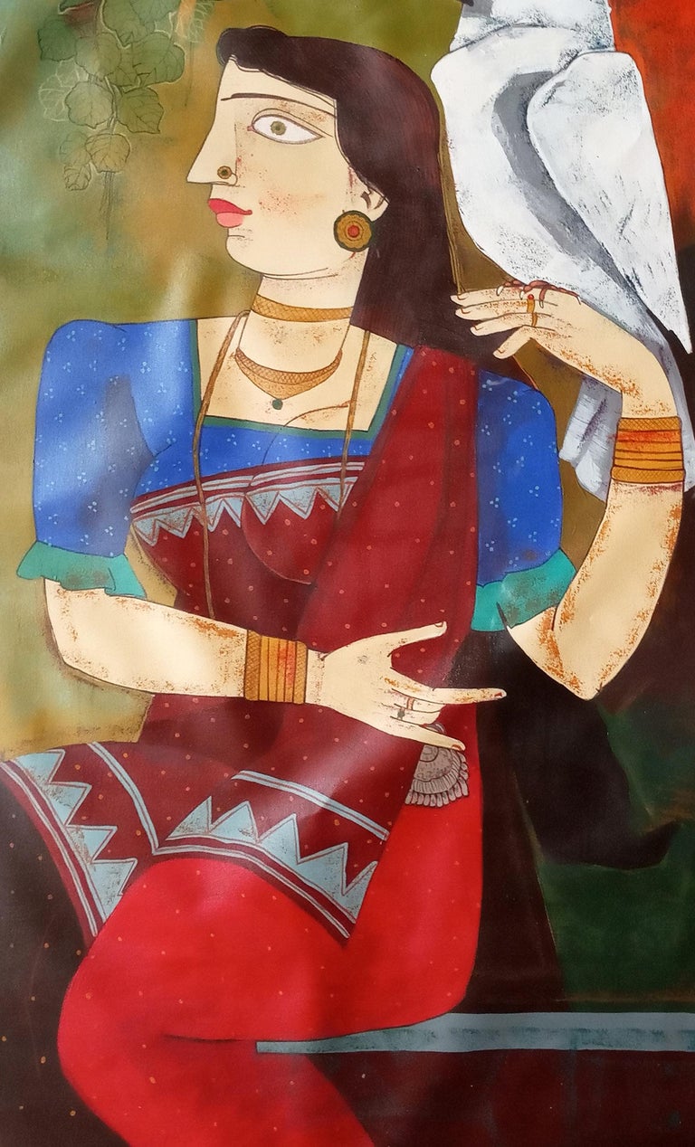 Ashoke Mullick Woman With Bird Acrylic On Canvas Red Blue