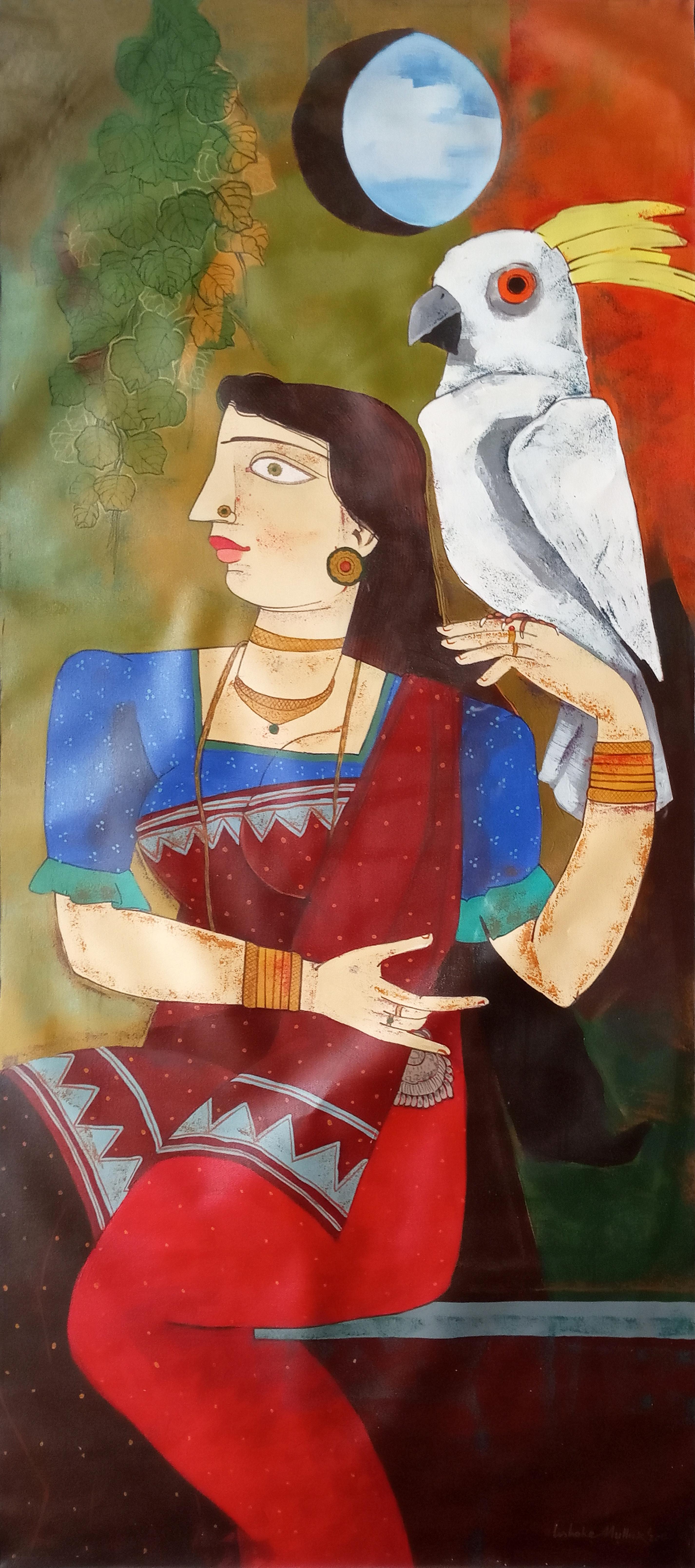 Ashoke Mullick Portrait Painting - Woman with Bird, Acrylic on Canvas, Red, Blue, Brown by Indian Artist "In Stock"