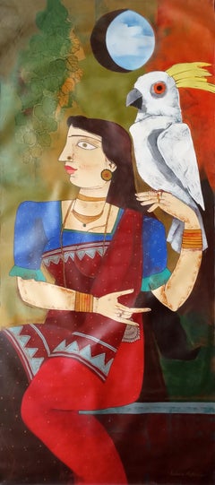 Woman with Bird, Acrylic on Canvas, Red, Blue, Brown by Indian Artist "In Stock"