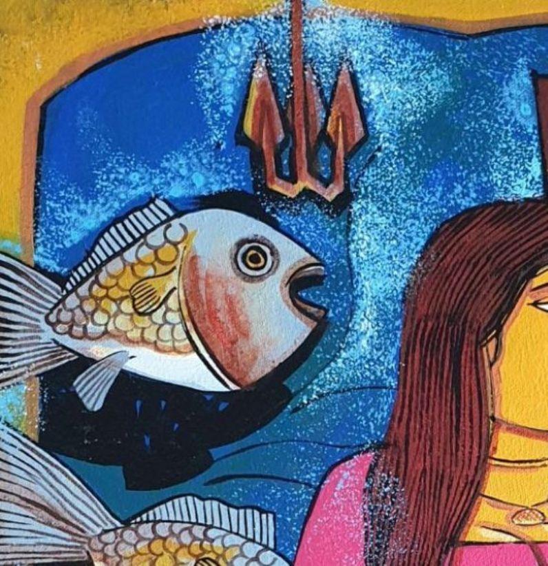 Woman with Fishes, Blue , Mustard , Red & Pink Color, Acrylic-Canvas 