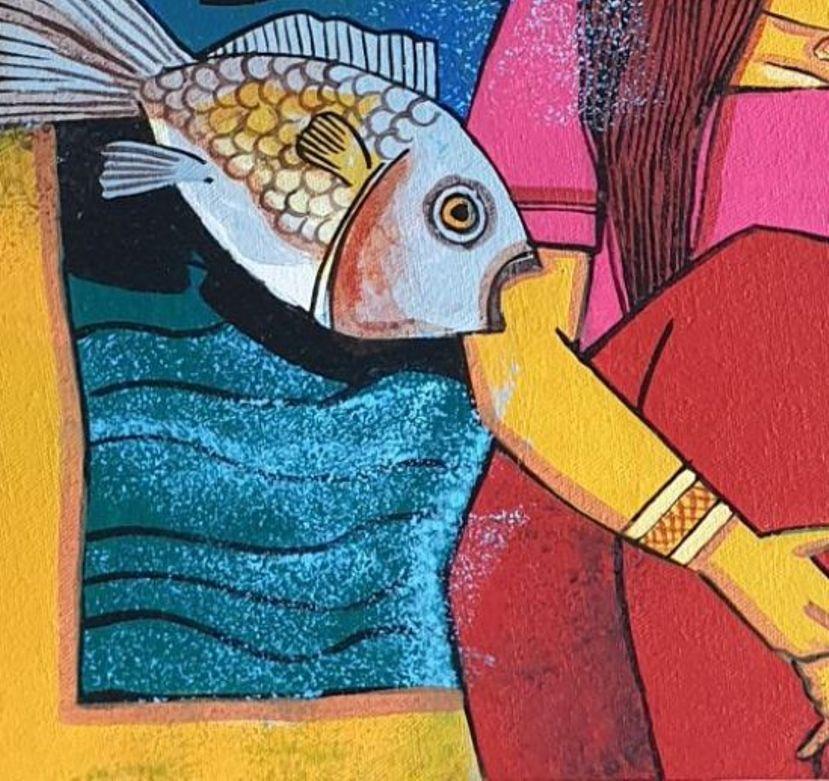 Woman with Fishes, Blue , Mustard , Red & Pink Color, Acrylic-Canvas 