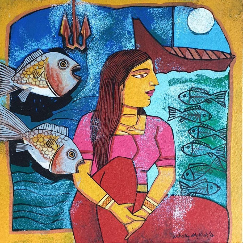 Ashoke Mullick Portrait Painting - Woman with Fishes, Blue , Mustard , Red & Pink Color, Acrylic-Canvas "In Stock"