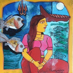 Woman with Fishes, Blue , Mustard , Red & Pink Color, Acrylic-Canvas "In Stock"