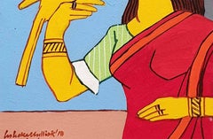 Woman with Red Saree, Bird, Acrylic on Canvas, Green, Yellow, Blue "In Stock"