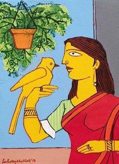 Woman with Red Saree, Bird, Acrylic on Canvas, Green, Yellow, Blue "In Stock"