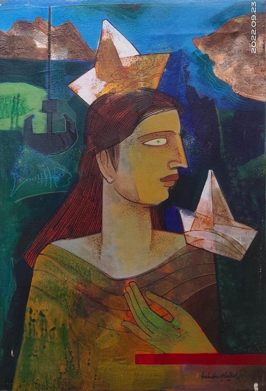 Figurative Painting Ashoke Mullick - Woman with the Boats (Femme avec les bateaux), acrylique sur toile de l'artiste indien contemporain « en stock »